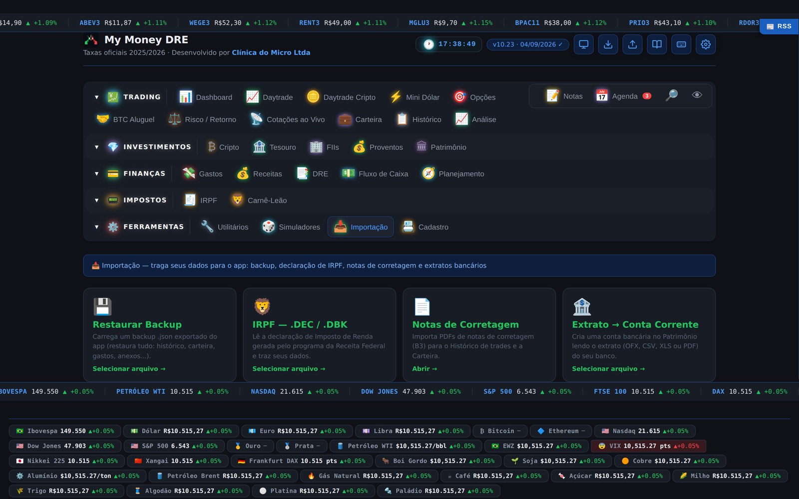 Tela de importação: backup, .DEC/.DBK, nota de corretagem e extrato OFX